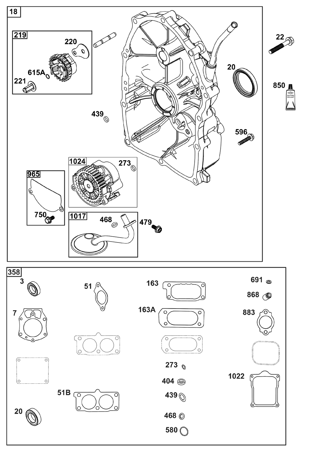 Crankcase Cover/Sump Group Diagram and Parts List for 613277-0011-E1 400000 - 699999 Briggs and Stratton Engine